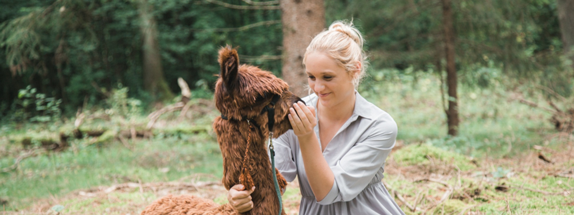 Eine junge Frau steht mit einem braunen Lama im Wald vor einem Stapel Baumstämme – inniger Moment zwischen Mensch und Tier.